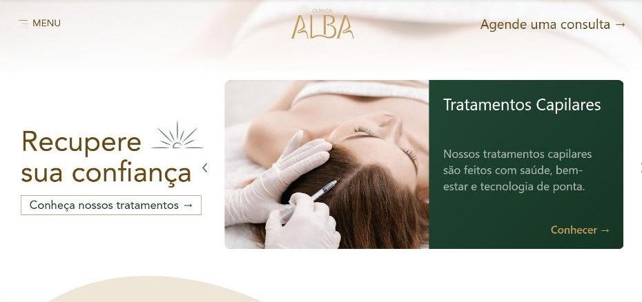 Página inicial do site da Clínica Alba, com o título Recupere sua confiança e um carrossel de tratamentos