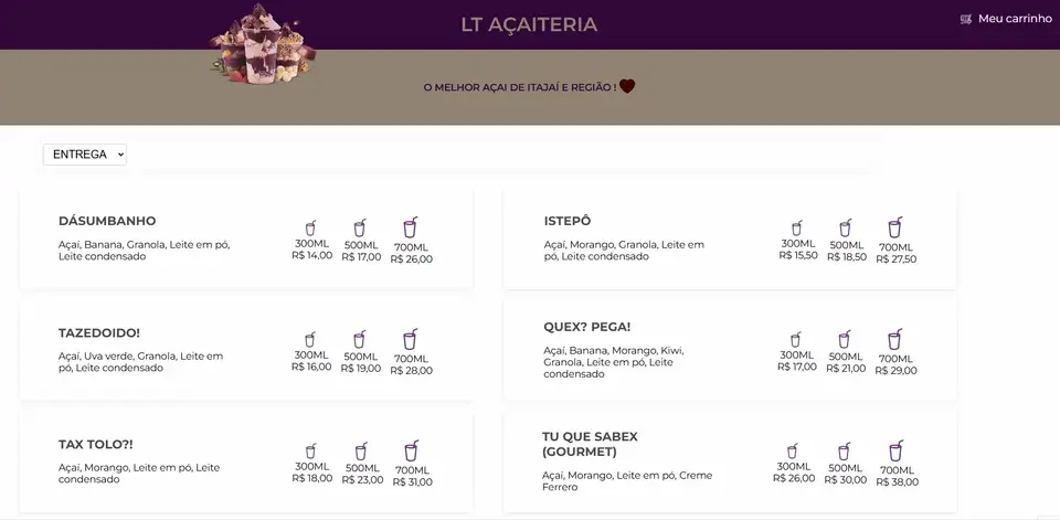 Demonstração do cardápio online da LT Açaiteria