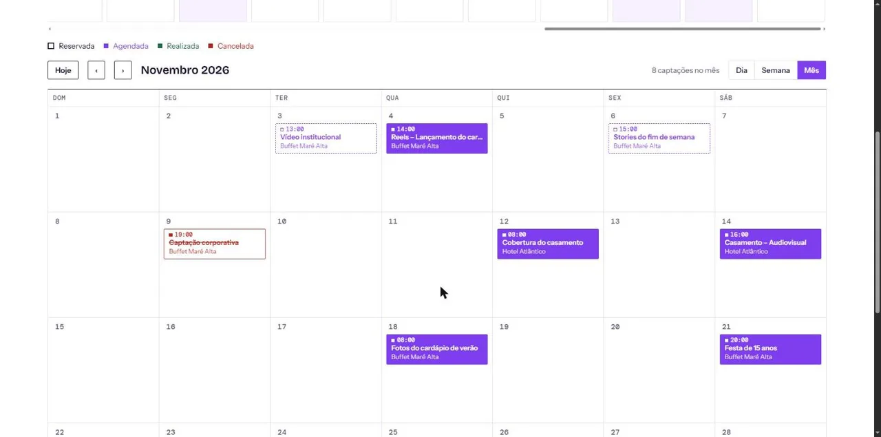 Calendário de captações em visão mensal, com reservas, captações agendadas e uma cancelada